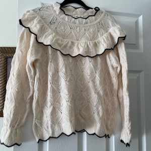 Mango wool blend ruffle cream/black pipping sweater. Size 8 US